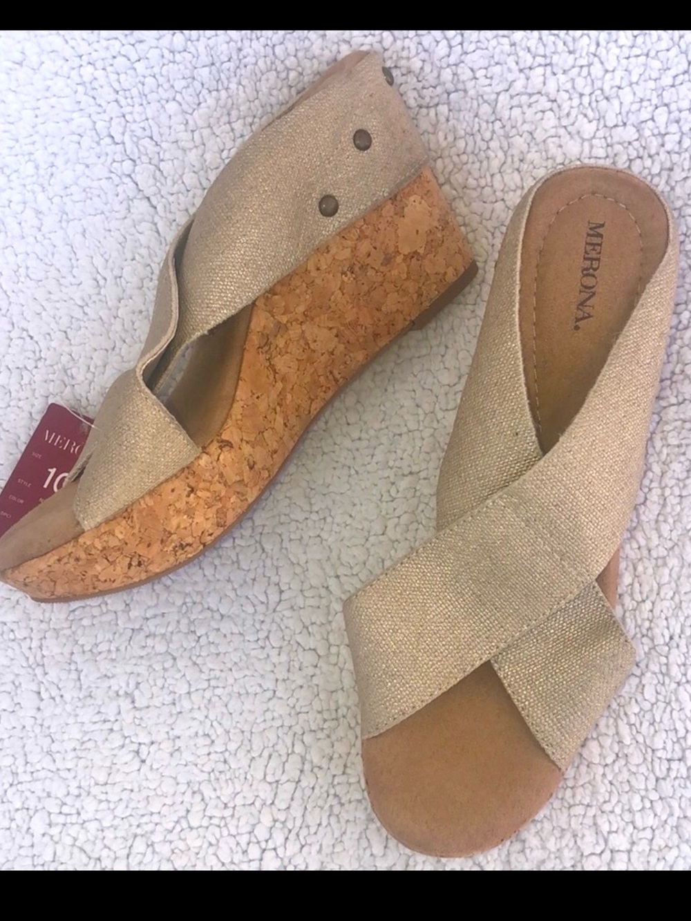 Wedge sandals size 10 crisscross strap canvas cork platform NWT fabric metallic